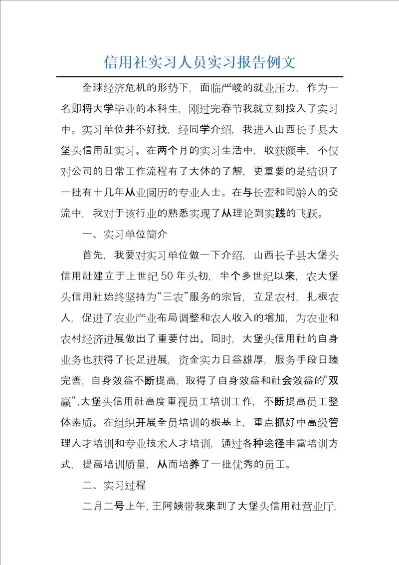 信用社实习人员实习报告例文