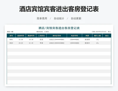 酒店宾馆宾客进出客房登记表