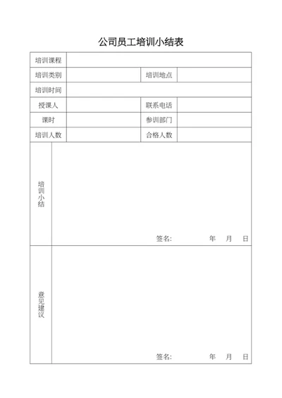 公司员工培训小结表