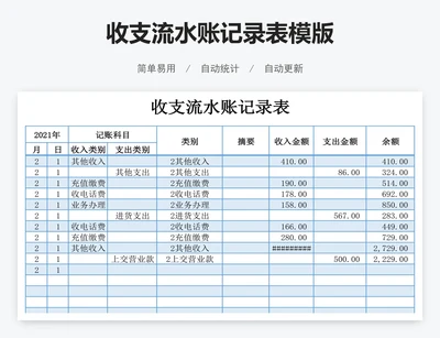 收支流水账记录表模版