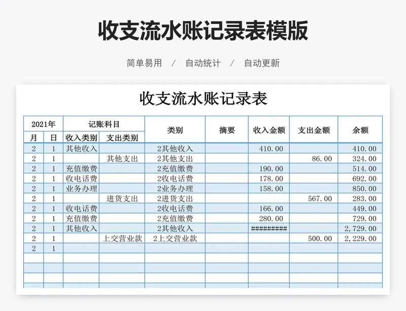 收支流水账记录表模版
