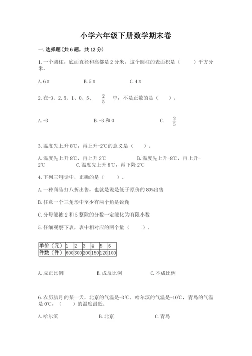 小学六年级下册数学期末卷含完整答案（各地真题）.docx