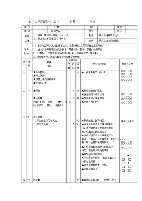 完整word版初中体育七年级跳绳单元教学计划及教案