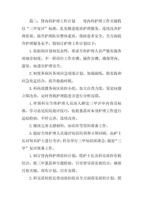肾内科护理工作计划样稿