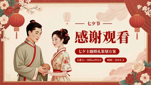 红色复古风七夕主题婚礼策划方案PPT模板