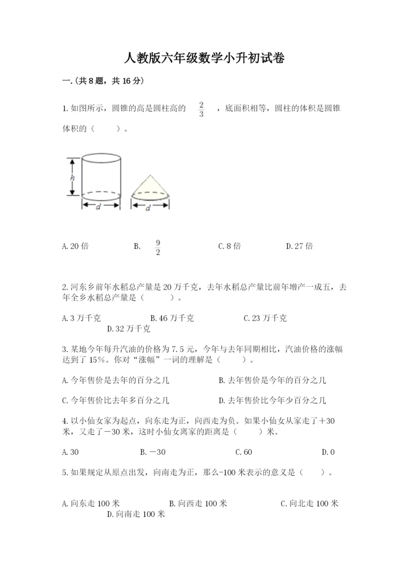 人教版六年级数学小升初试卷精品【完整版】.docx