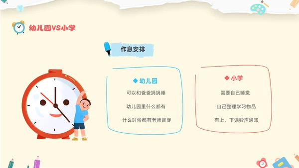 黄色温馨卡通儿童幼小衔接家长会小学生的一天主题班会