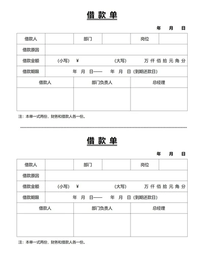 标准财务借款单(一式两份)