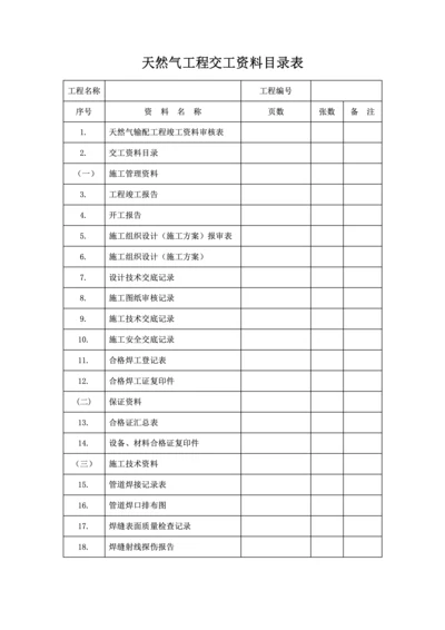 天然气工程交工资料目录表