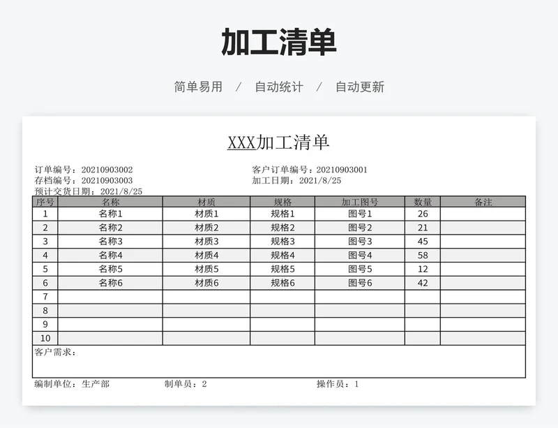 生产线加工清单