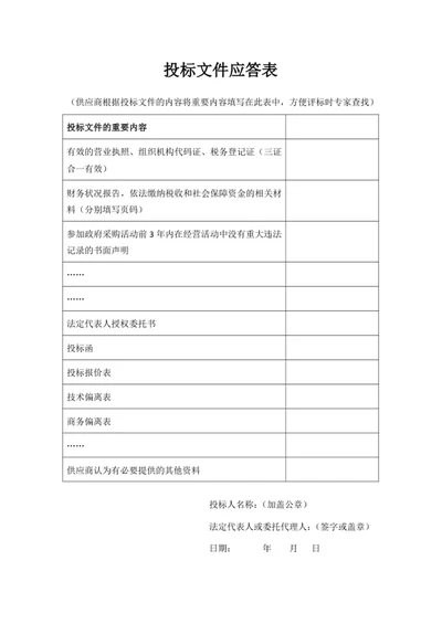 投标文件应答表