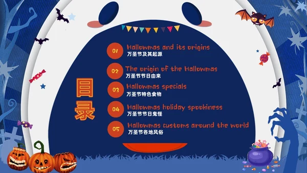 蓝白卡通儿童万圣节英文介绍PPT