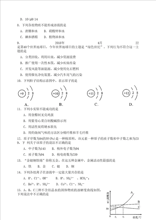南京市初中毕业生学业考试化学模拟试题及答案