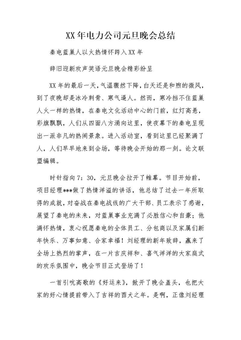 XX年电力公司元旦晚会总结
