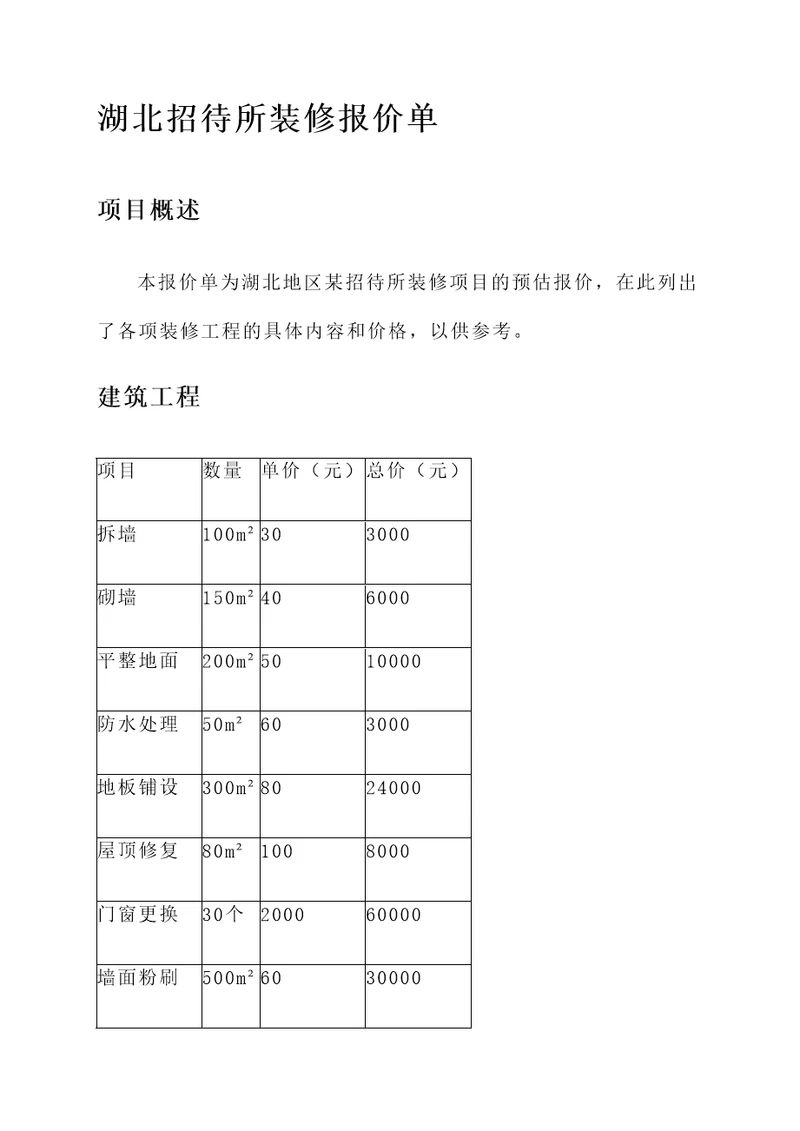 湖北招待所装修报价单