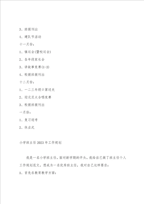 2023年小学班主任工作计划格式