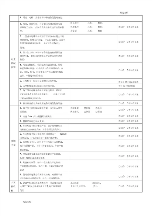 建设工程施工安全检查表