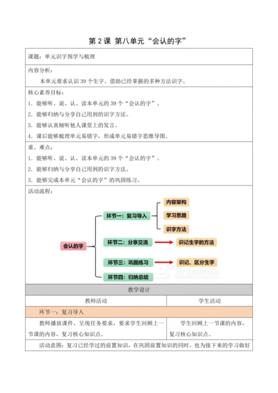 部编1A 第8单元 第2课 会认的字 教学设计
