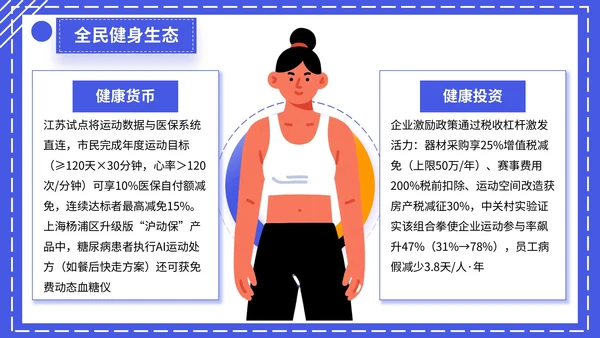蓝色扁平插画风格全民健身宣传PPT模板