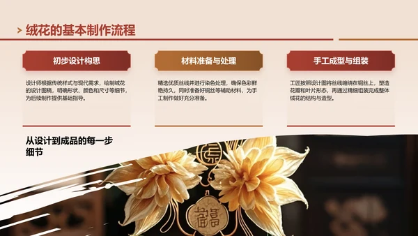 红色中国风非遗绒花的工艺魅力PPT模板