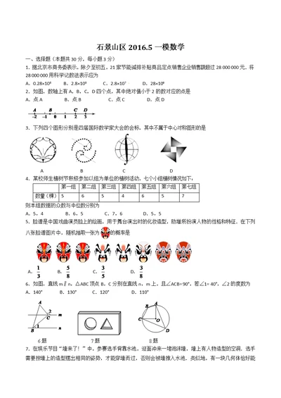 2016石景山区初三数学一模试题与答案