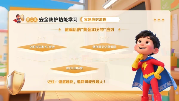 橙色3D卡通风反诈主题班会PPT模板