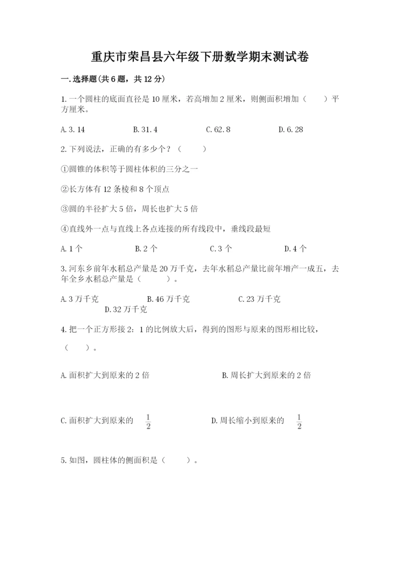 重庆市荣昌县六年级下册数学期末测试卷有精品答案.docx