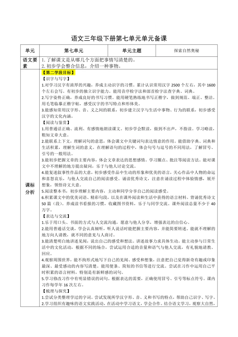 统编版语文三下 第七单元整体备课规划