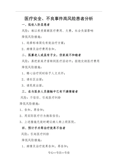 医疗安全、不良事件高风险患者分析
