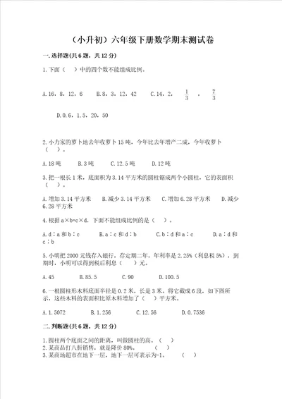 小升初六年级下册数学期末测试卷及完整答案精品