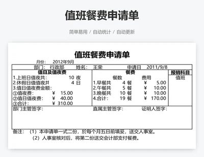 值班餐费申请单