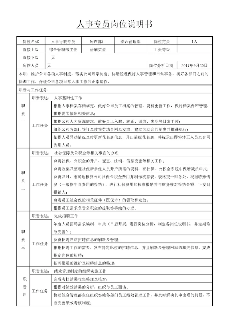 人事行政专员岗位说明书