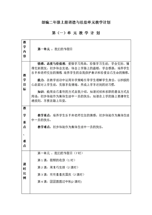 部编二年级上册道德与法治单元教学计划(共6页)