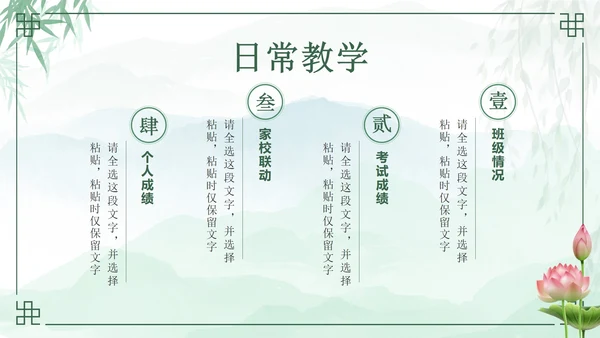 绿色中国风花卉班主任年度工作汇报PPT模板