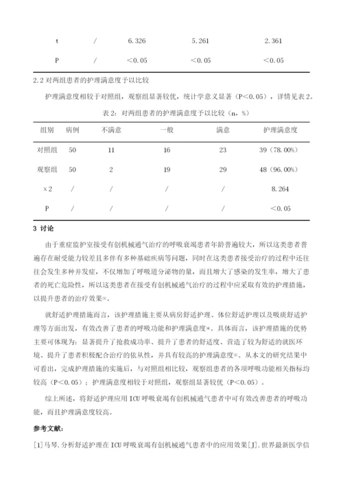 舒适护理在ICU呼吸衰竭有创机械通气患者中的应用效果.docx