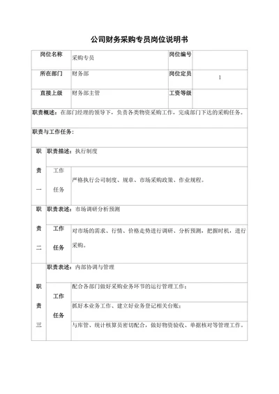 公司财务采购专员岗位说明书