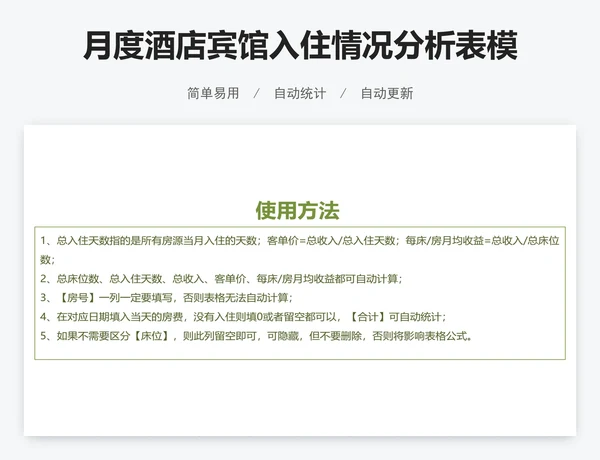 月度酒店宾馆入住情况分析表模版