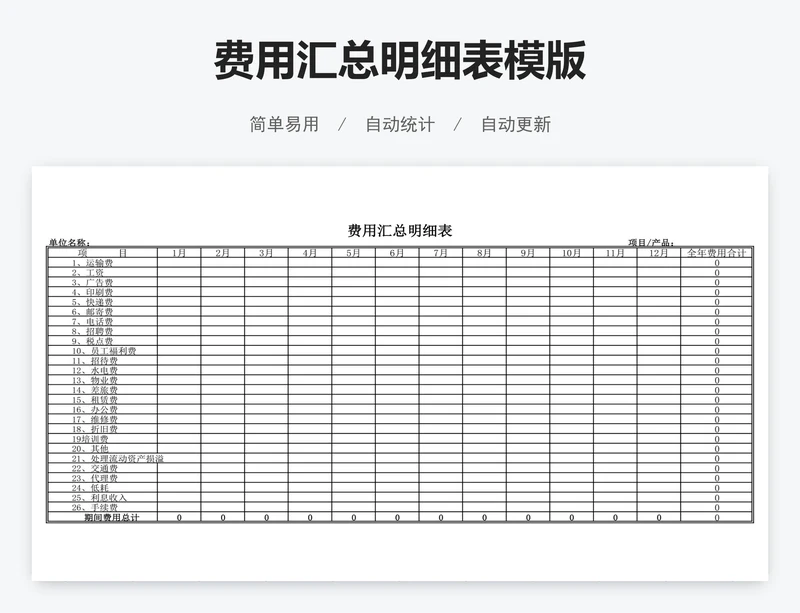 费用汇总明细表模版