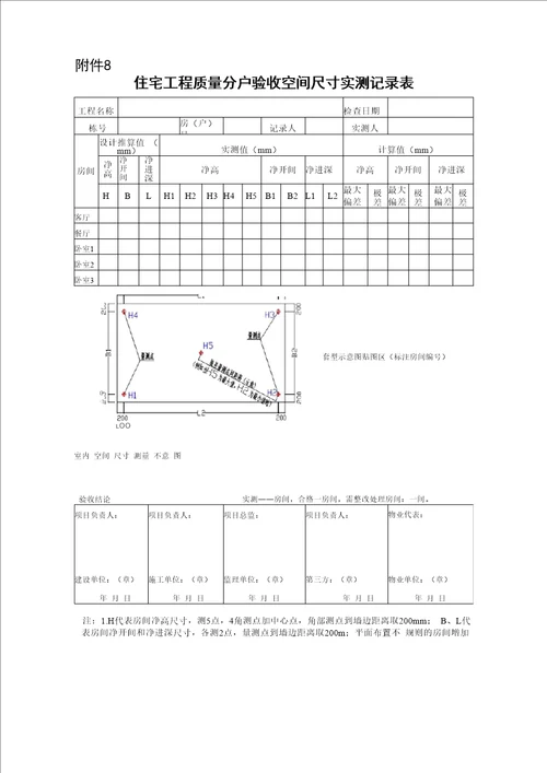 住宅工程质量分户验收空间尺寸实测记录表