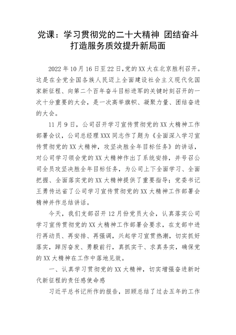 【党课讲稿】学习贯彻党的二十大精神 团结奋斗 打造服务质效提升新局面.docx