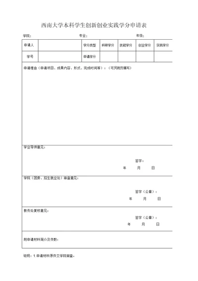 西南大学本科学生创新创业实践学分申请表