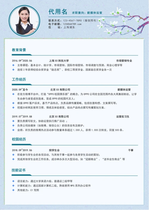 极简风新媒体运营个人简历模板word简历介绍