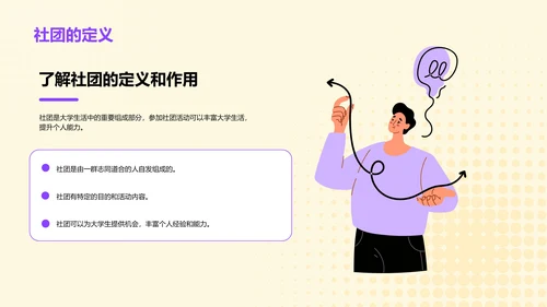 黄色插画大学社团的活动指南PPT模板