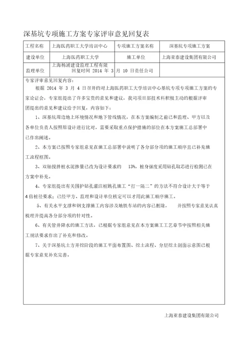 深基坑专项施工方案专家评审意见回复表