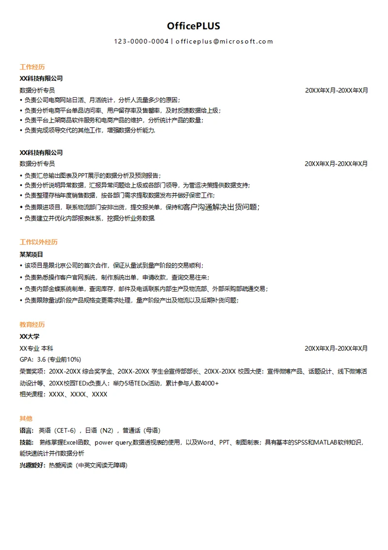 互联网数据分析专员个人简历模板