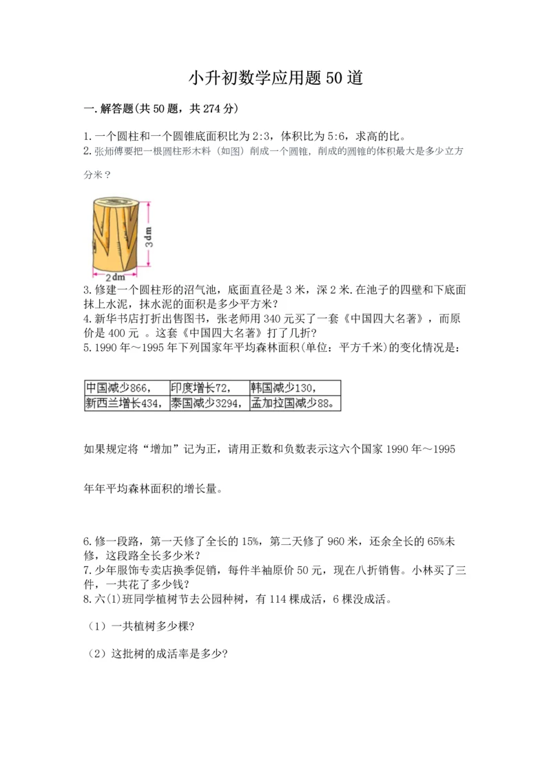 小升初数学应用题50道及完整答案【各地真题】.docx