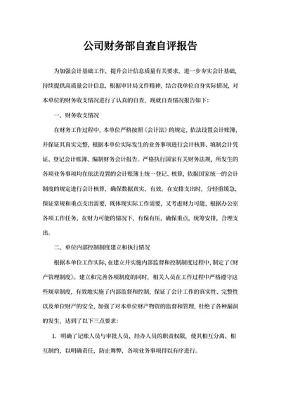 公司财务部自查自评报告word模板