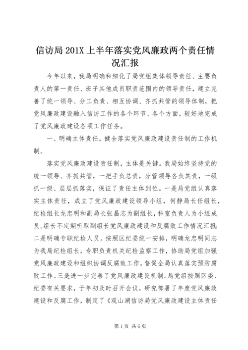 信访局201X上半年落实党风廉政两个责任情况汇报.docx