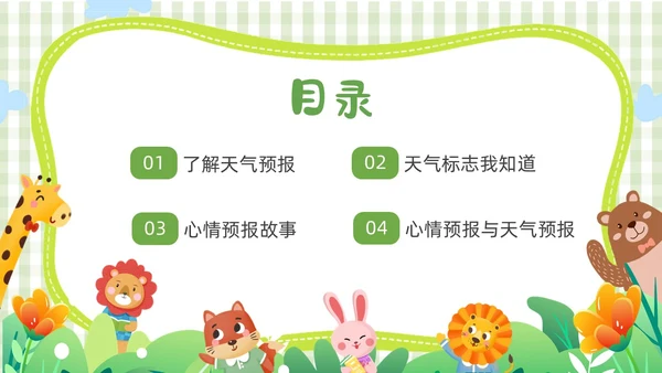 绿色卡通边框插画动植物大班心情预报教育课件动态PPT