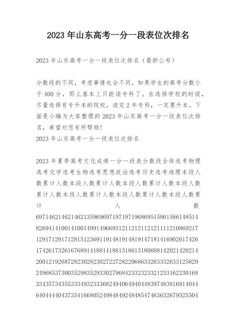 2023年山东高考一分一段表位次排名.docx